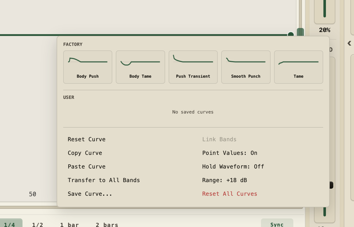 Sketch 1.1.1 Curve Library menu open over the day-mode canvas, listing the factory and saved curve entries.