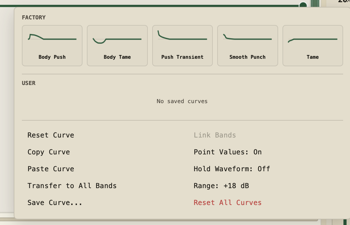 Sketch 1.1.1 Curve Library menu open in day mode, tightly framed on the five factory curves and the save, rename, copy, paste, transfer and import operations