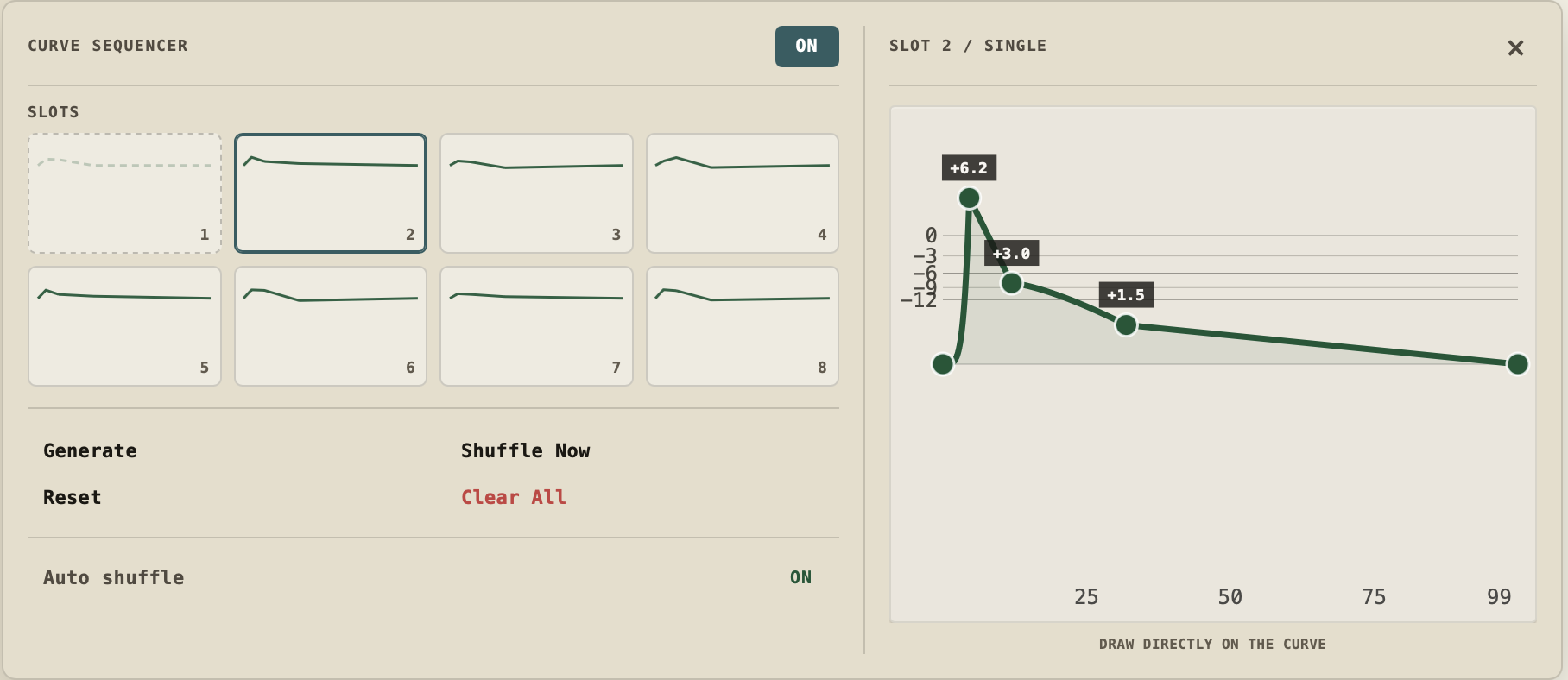Sketch Curve Sequencer panel with MAIN live in position 1 and the seven editable slots feeding the slot editor